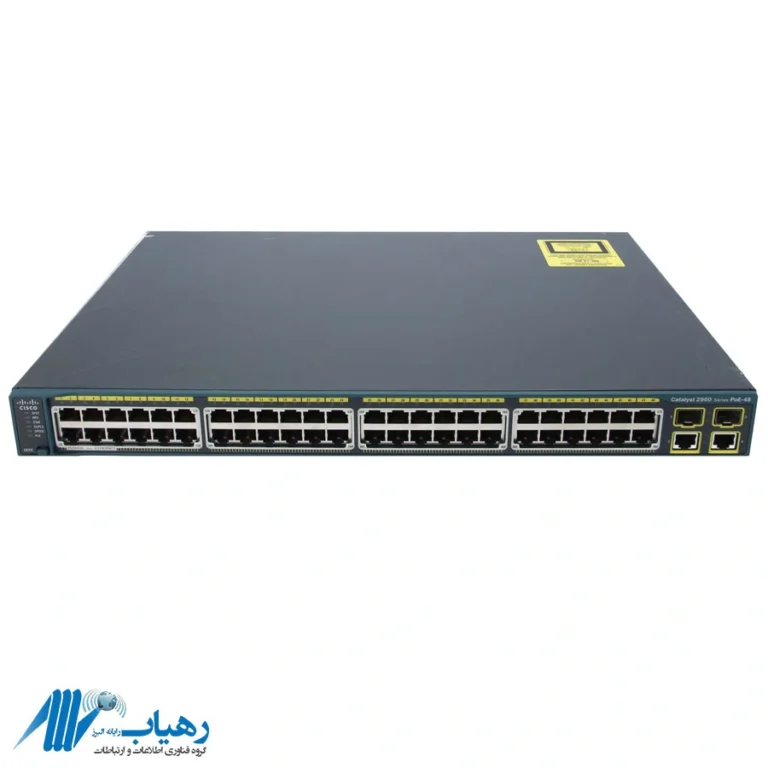 نمای جلویی سوئیچ سیسکو مدل WS-C2960-48PST-L با ۴۸ پورت PoE و ۴ پورت آپلینک