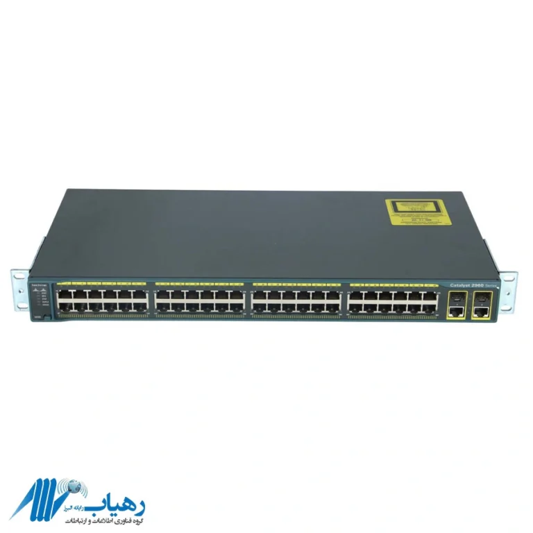 نمای جلو سوئیچ سیسکو مدل WS-C2960-48TC-S با پورت‌های اترنت و uplink ترکیبی