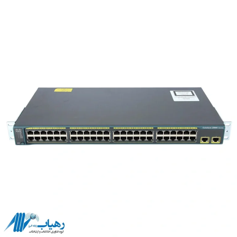 نمای روبرو از سوئیچ سیسکو مدل WS-C2960-48TT-L با ۴۸ پورت و دو پورت Uplink
