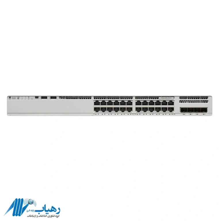 نمای روبرویی سوئیچ سیسکو مدل WS-C9200L-24T-4X-E با ۲۴ پورت گیگابیت و ۴ ماژول SFP